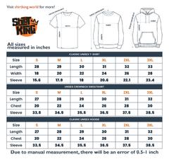 The image is a printed size chart for various shirt and hoodie sizes, including measurements for different sizes such as S, M, L, XL, 2XL, and 3XL. The chart provides the corresponding measurements for each size, such as chest, length, and sleeve length. The chart also includes a legend that explains the different sizes and their corresponding measurements. The chart is designed to help customers determine the appropriate size for their desired shirt or hoodie based on their measurements.