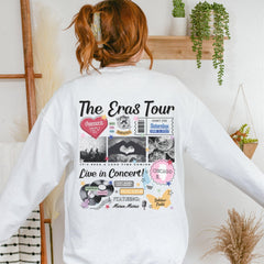 a woman wearing a white sweatshirt with the words the cross tour printed on it