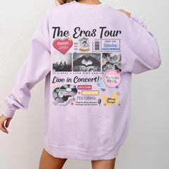 a woman in a purple sweatshirt with the words the eras tour on it