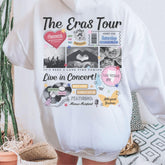 a person wearing a white hoodie with the words the eras tour on it