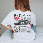 a woman sitting on top of a bed wearing a white shirt