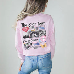 a woman wearing a pink sweatshirt with the words the circus tour printed on it