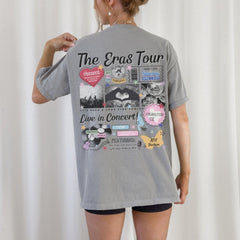 a woman wearing a gray shirt with pictures on it