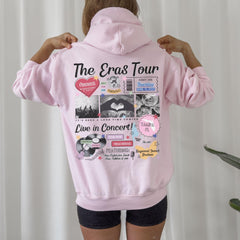 a woman wearing a pink hoodie with the words the eros tour on it