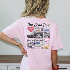 a woman wearing a pink t - shirt with the words the eras tour on it