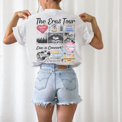 a woman wearing a white shirt with the words the circus tour printed on it