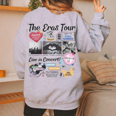 a woman wearing a sweatshirt with the words the eros tour on it