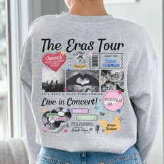 a woman wearing a sweatshirt with the words the eras tour on it