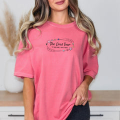a woman wearing a pink t - shirt that says the best fun