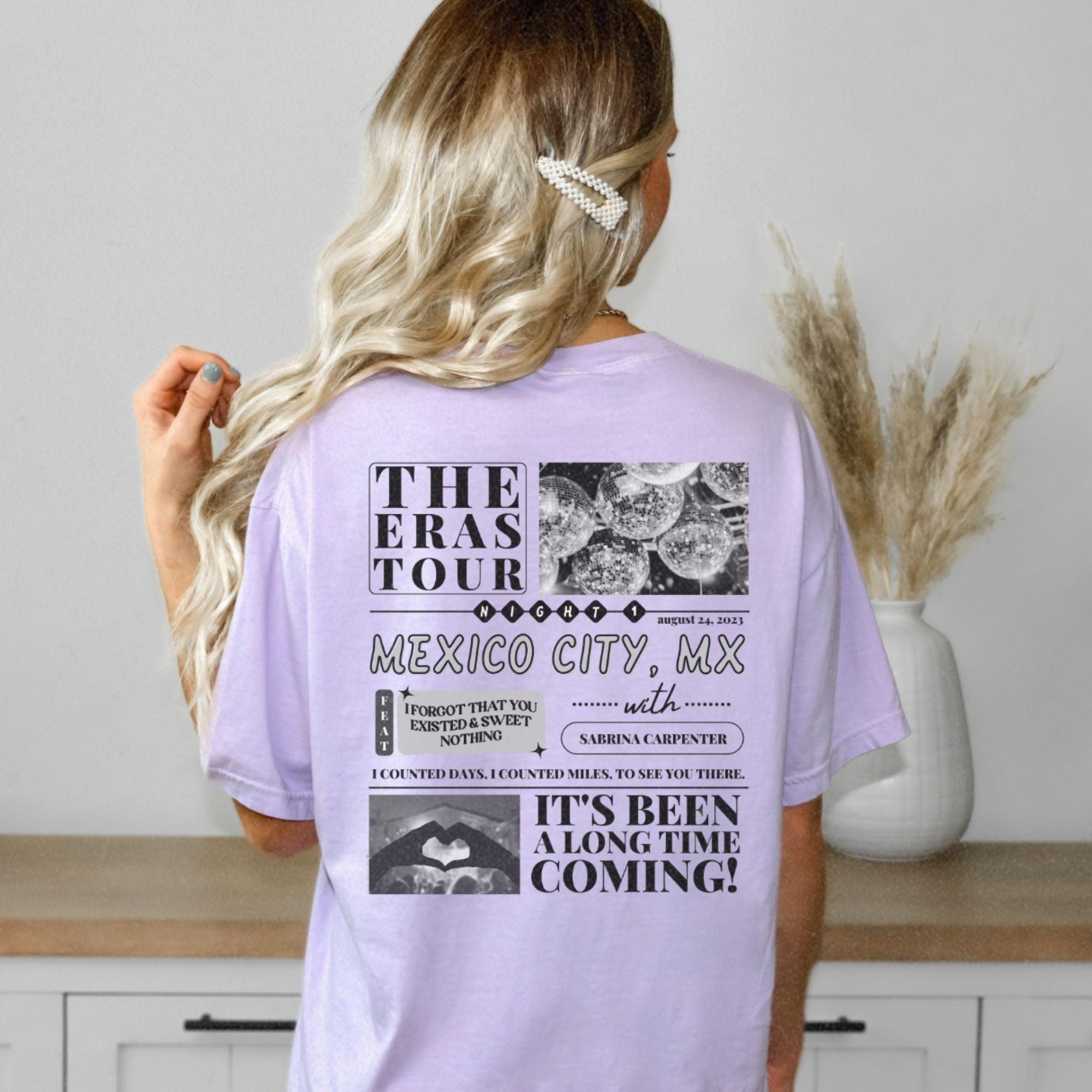 a woman wearing a purple t - shirt that says the eras tour mexico city mix