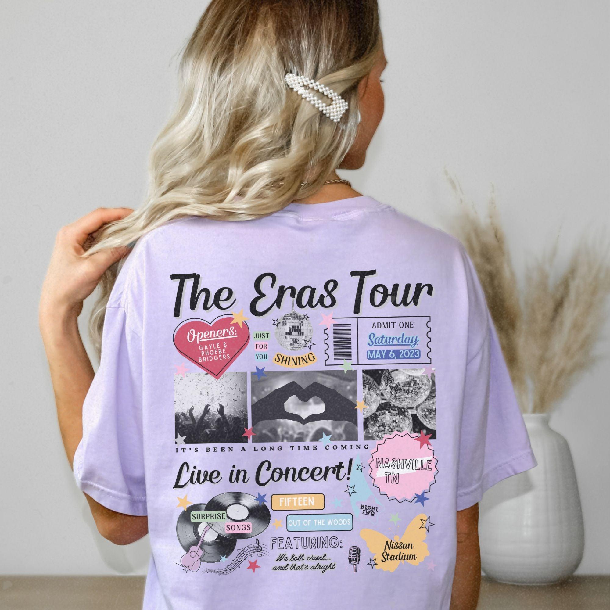 a woman wearing a t - shirt with the words the eros tour on it