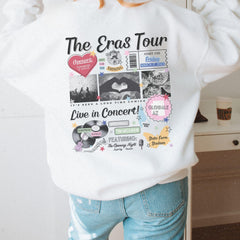 a woman wearing a white sweatshirt with the words the cross tour on it