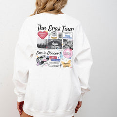 a woman wearing a white sweatshirt with the words the endas tour printed on it