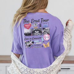 a woman wearing a purple shirt with pictures on it
