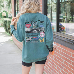 a woman standing outside of a building with her back to the camera