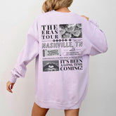 a woman wearing a purple sweatshirt dress with the words the beast tour nashville on it