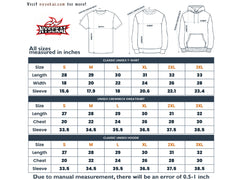 The image is a printed size chart for clothing items, including T-shirts, hoodies, and crew neck sweatshirts. The chart provides measurements for different sizes, such as S, M, L, XL, 2XL, and 3XL, along with corresponding sleeve and chest measurements. The chart also includes a note that due to manual measurement, there may be an error of 0.5-1 inch.
