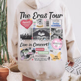 a person wearing a white hoodie with the words the eras tour printed on it