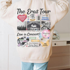 a person wearing a sweatshirt with the words the eras tour on it