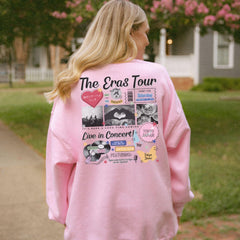 a woman wearing a pink sweatshirt with the words the eros tour on it