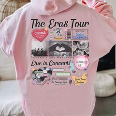 a pink hoodie with the words the eras tour on it