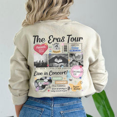 a woman wearing a sweatshirt with the words the eras tour on it