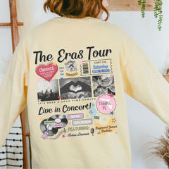 a woman wearing a yellow shirt with pictures on it