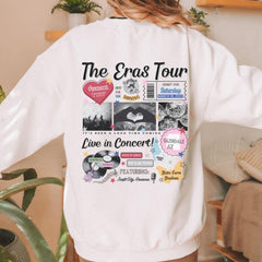 a woman wearing a white sweatshirt with the words the eras tour printed on it