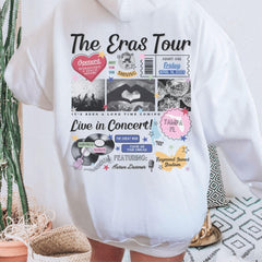 a person wearing a white hoodie with the words the eras tour printed on it