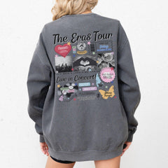 a woman wearing a sweatshirt jacket with the words the circus tour on it