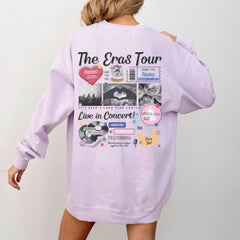 a woman wearing a sweatshirt with the words the eros tour printed on it