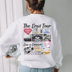 a woman wearing a white sweatshirt with the words the cross tour printed on it