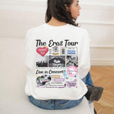a woman wearing a white shirt with the words the eros tour on it