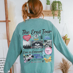 a woman wearing a sweatshirt with the words the eras tour on it