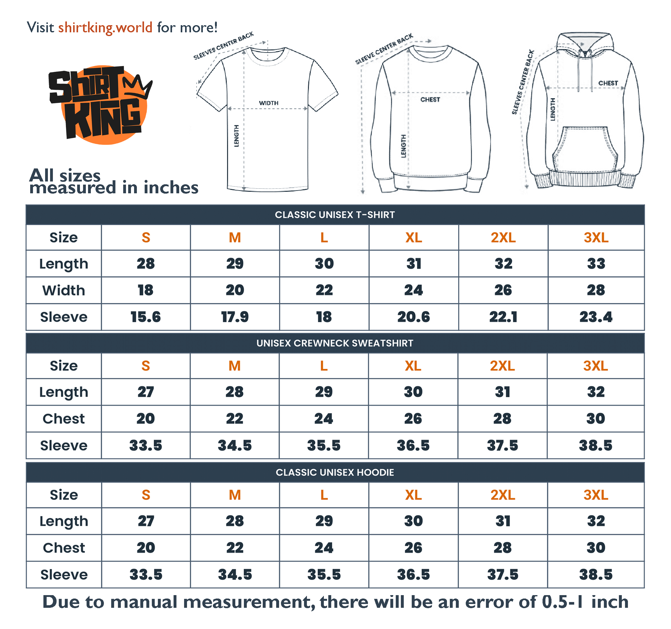 The image is a printed size chart for various shirt and hoodie sizes, including measurements for different sizes such as S, M, L, XL, 2XL, and 3XL. The chart provides the corresponding measurements for each size, such as chest, length, and sleeve length. The chart also includes a legend that explains the different sizes and their corresponding measurements. The chart is designed to help customers determine the appropriate size for their desired shirt or hoodie based on their measurements.