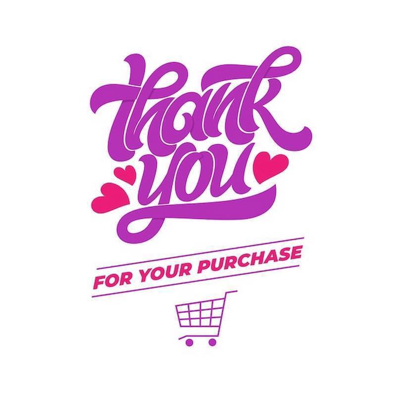 a graphic design with the text "Thank you" in a stylized purple font, surrounded by pink hearts. Below the text, there is a shopping cart icon, suggesting a retail or shopping-related context.