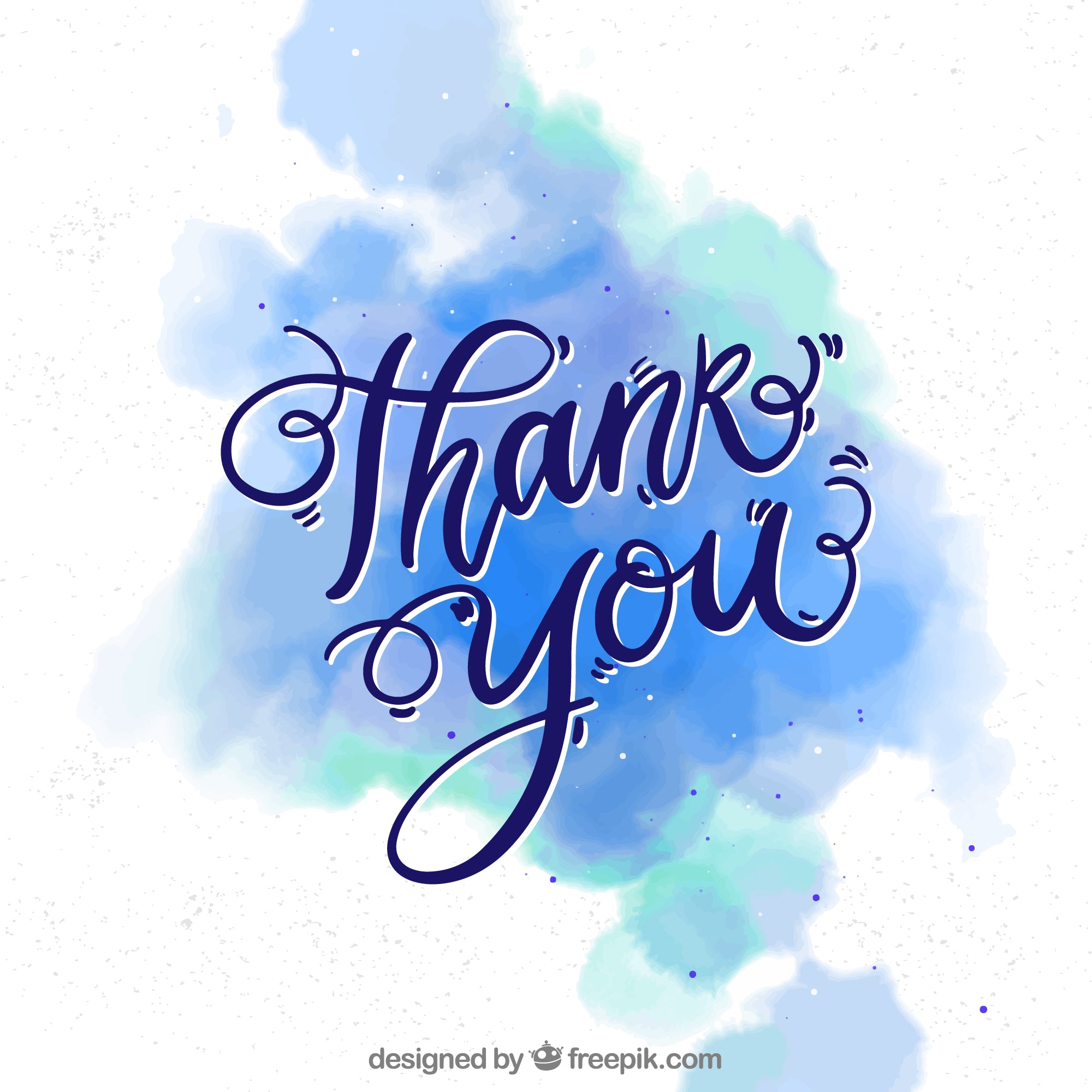 the handwritten text "Thank you" in a cursive style, surrounded by a watercolor-like splatter of blue and green colors.