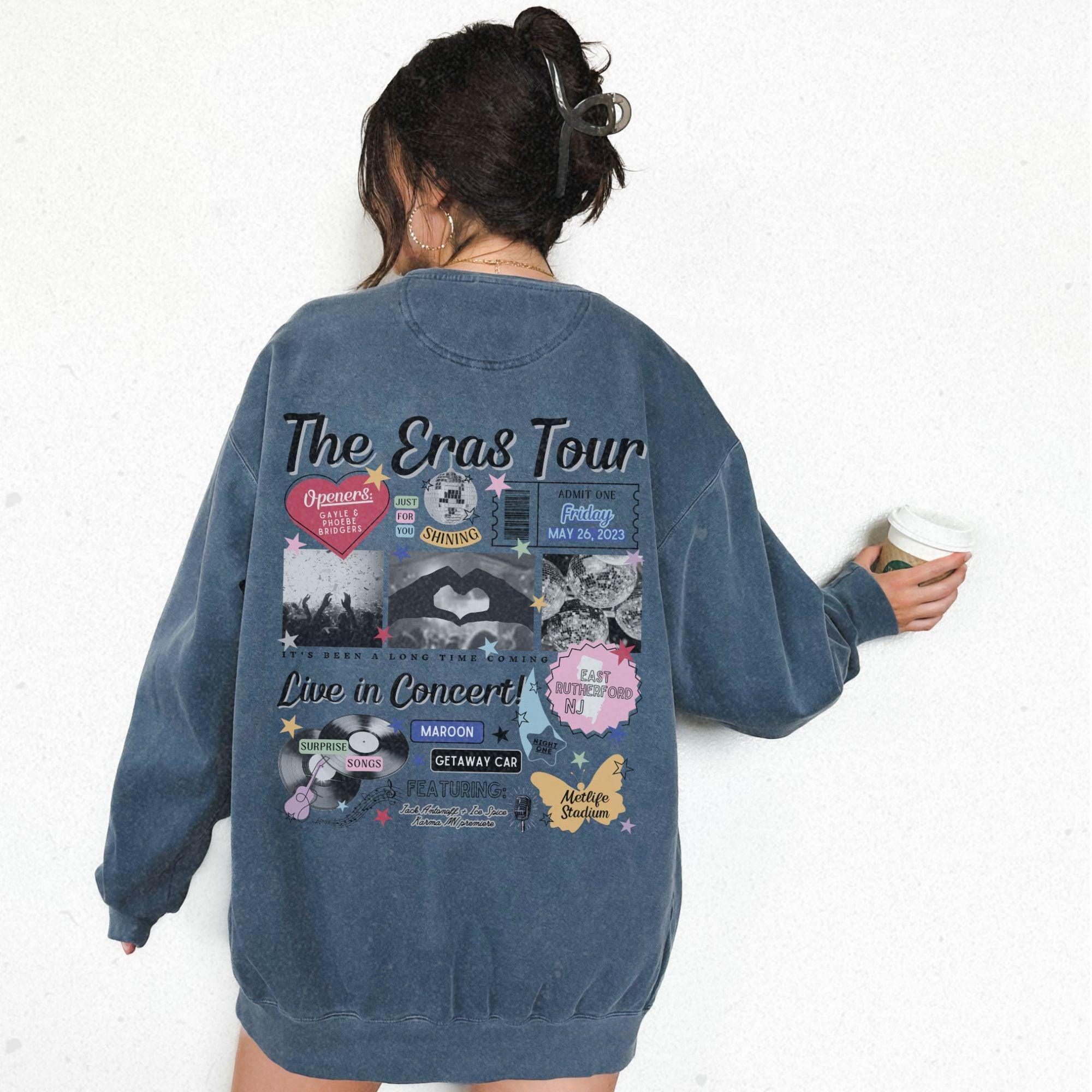 a woman wearing a denim jacket with the words the erase tour on it